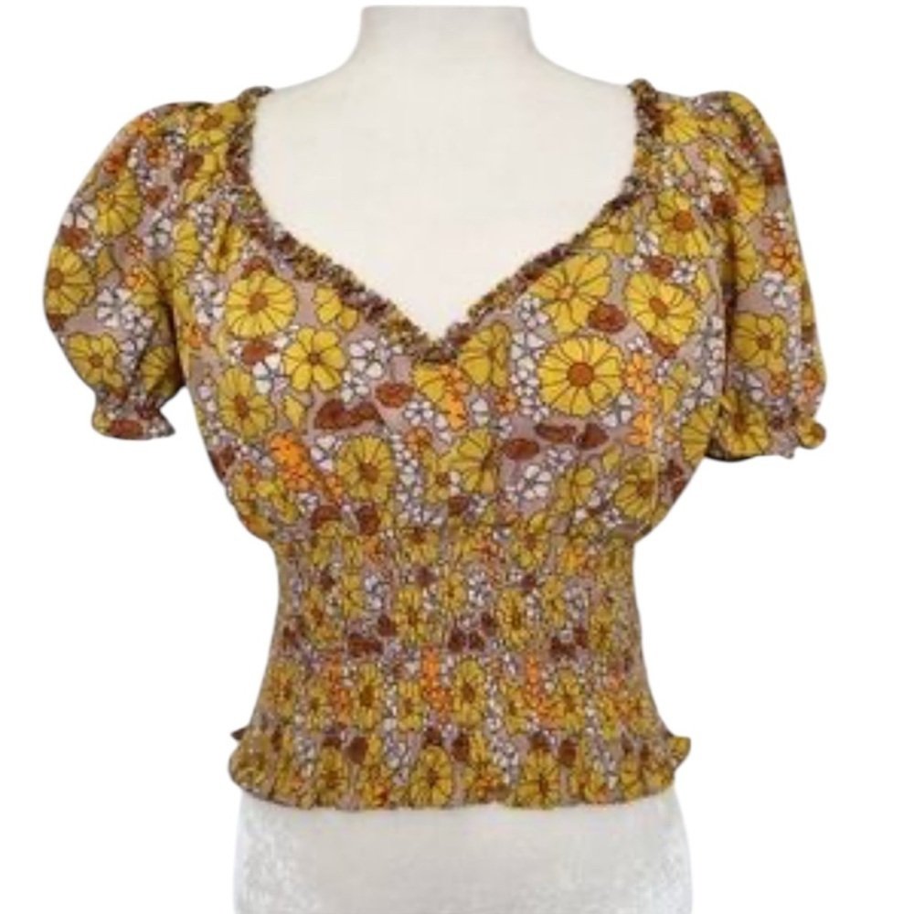 Floral Puff Sleeve Blouse Fall in Yellow and Brown Top
